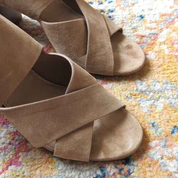 Vince Farrah Suede Leather Criss Cross Open Toe Stacked Block Heel Sandals Tan 9 - Picture 4 of 15